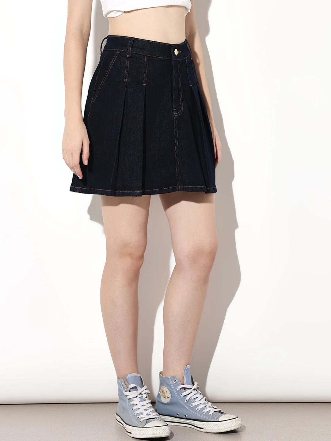 Dark Blue Pleated Denim Skirt - Image 4