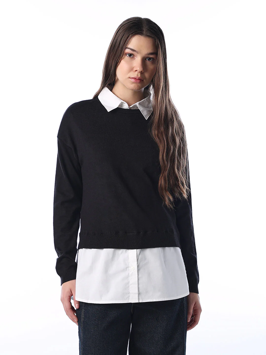 Mock Shirt Embellished Pullover - Black - Image 3