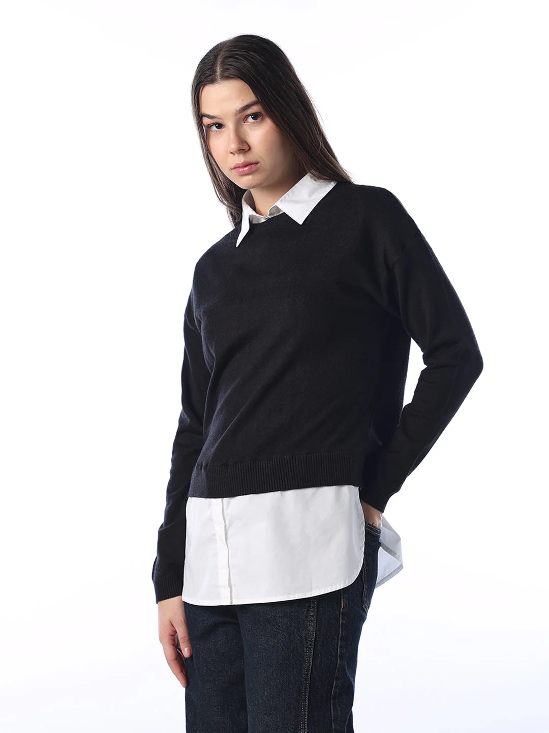 Mock Shirt Embellished Pullover - Black - Image 5