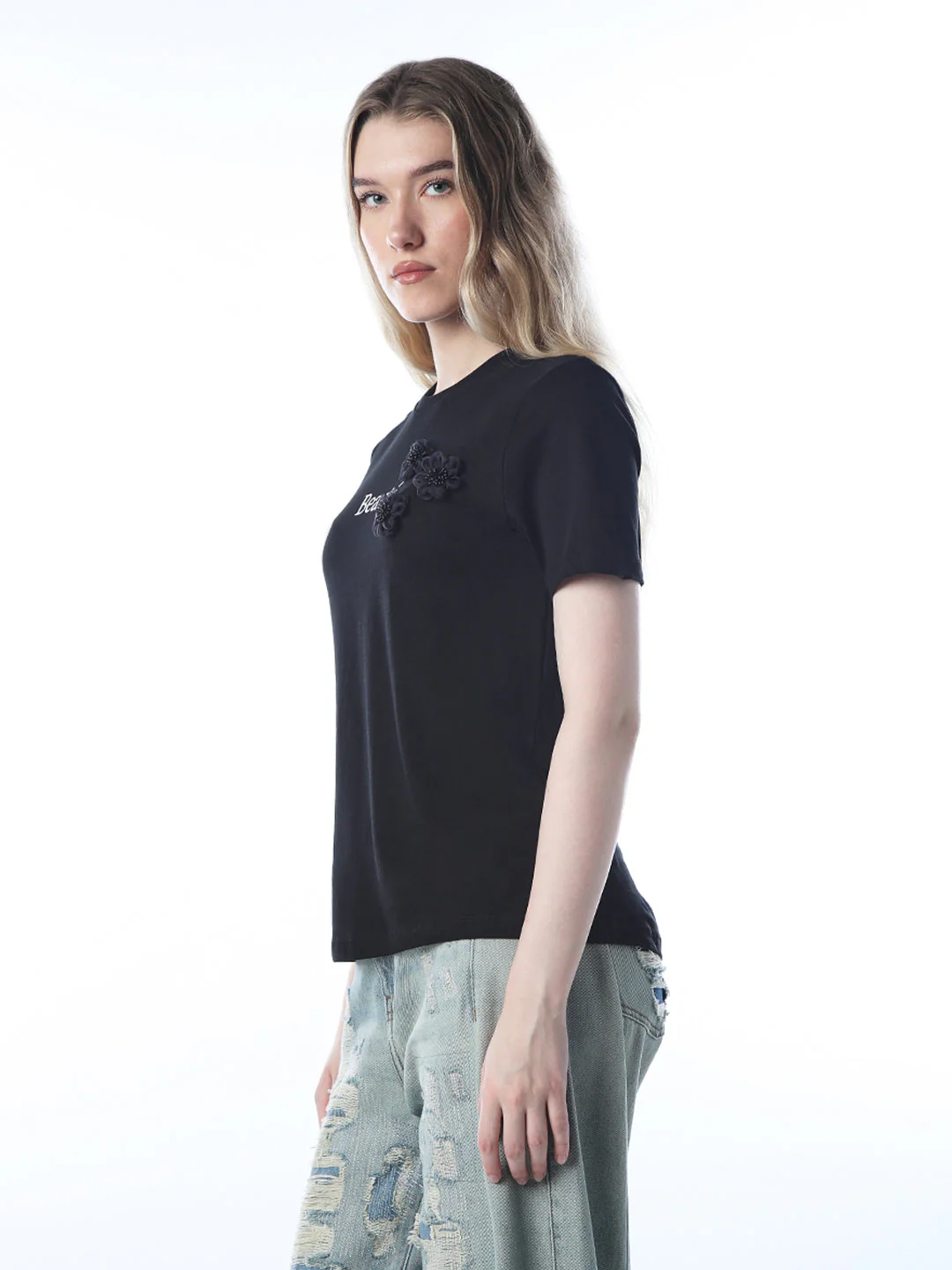 Black Floral Appliqué T-shirt - Image 5