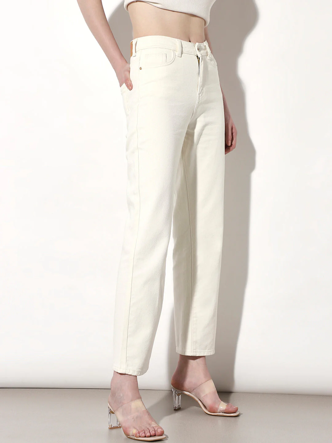 Ecru High Rise Straight Fit Jeans - Image 4