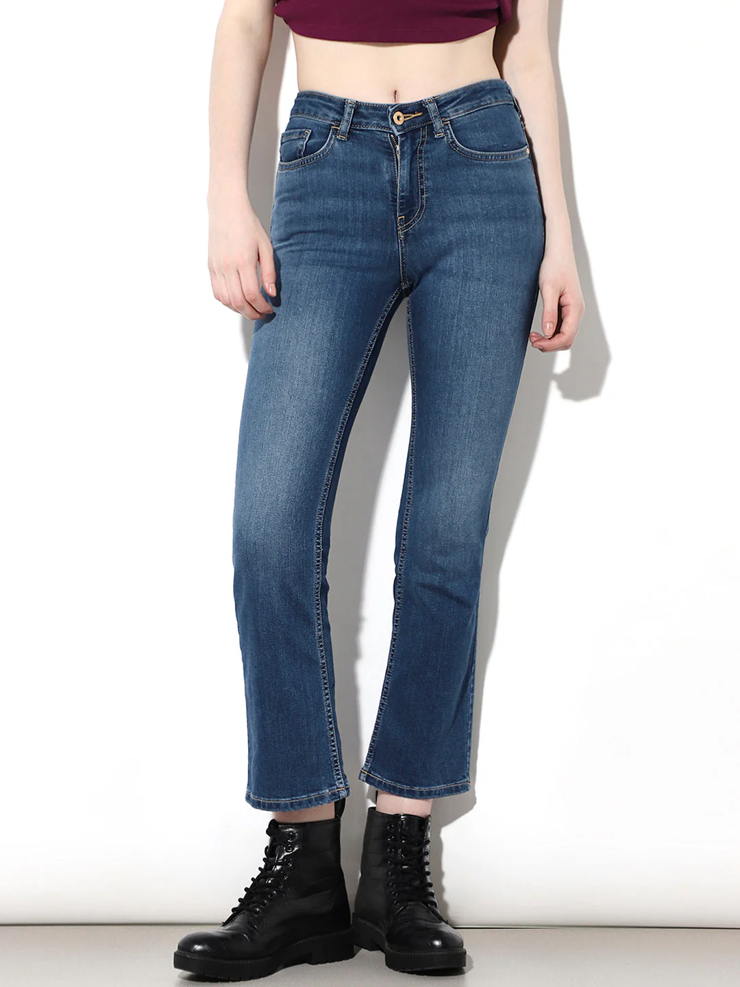 Blue Mid Rise Cropped Flared Jeans - Image 2