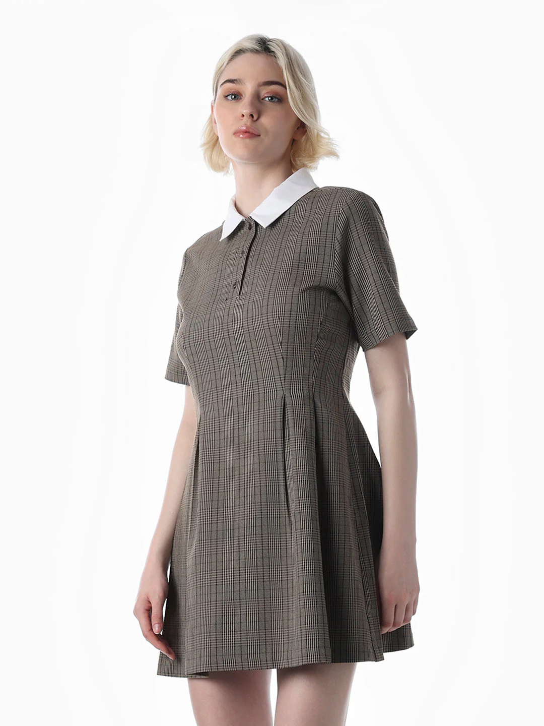 Brown Check Pleated Polo Dress - Image 3
