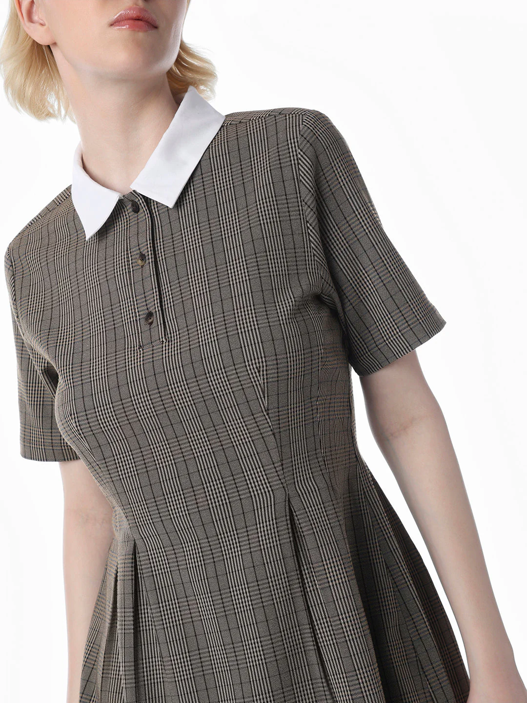 Brown Check Pleated Polo Dress - Image 4