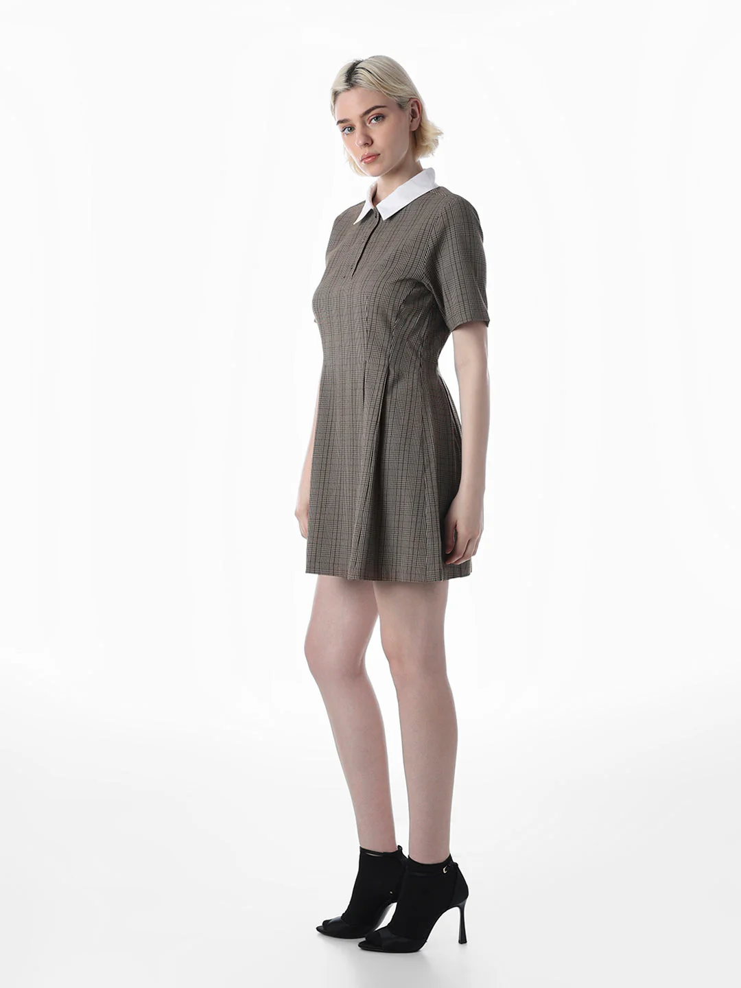 Brown Check Pleated Polo Dress - Image 5