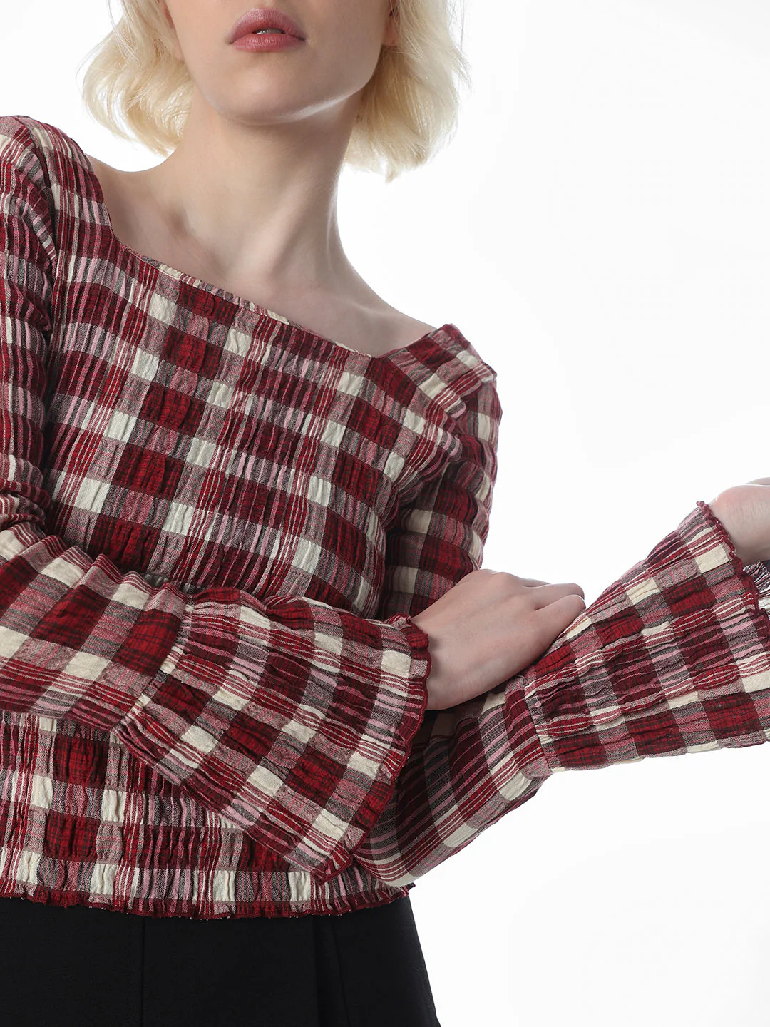 Maroon Check Smocked Top - Image 4