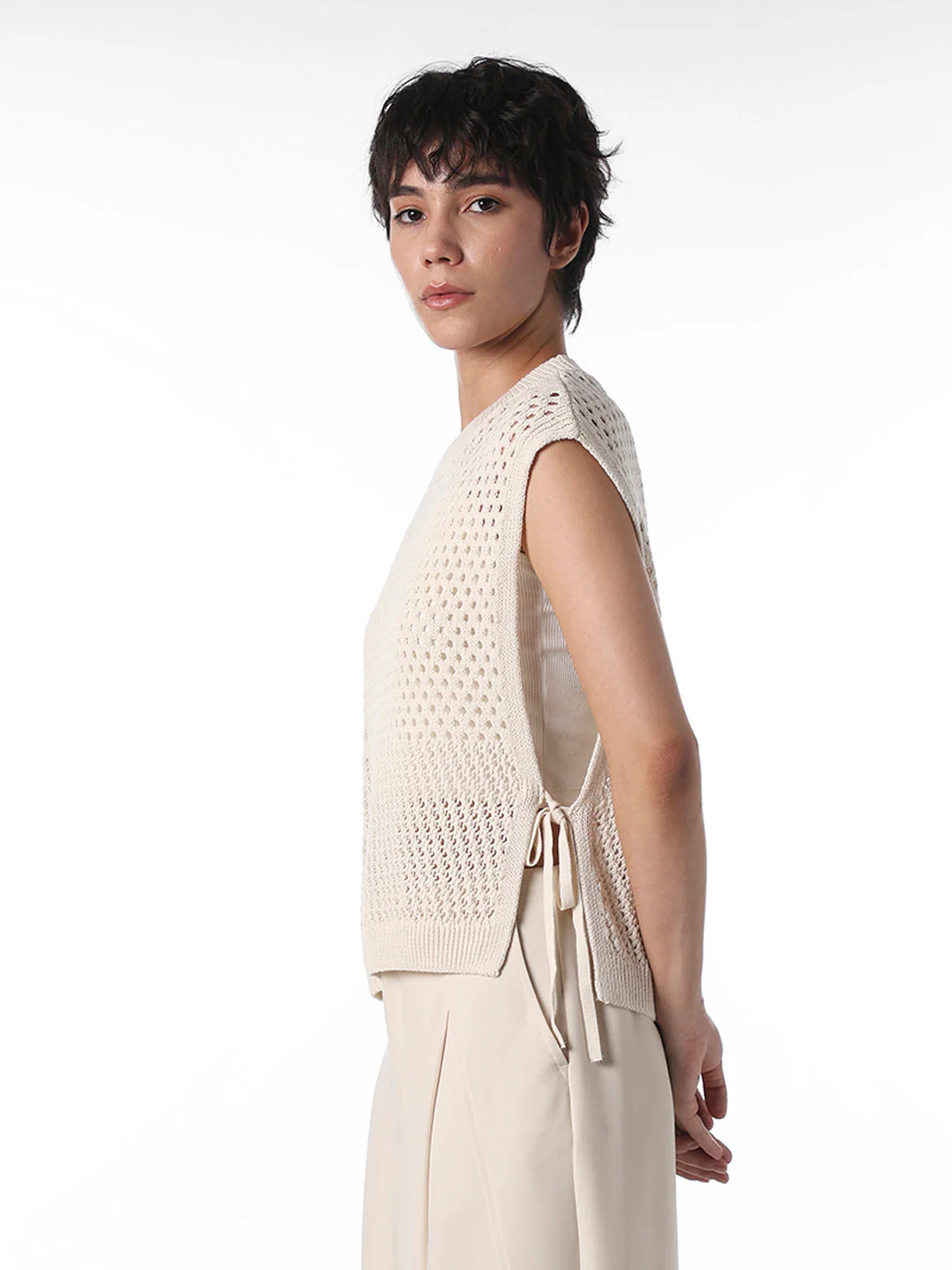 Ecru Pointelle-Knit Sweater Vest - Image 6