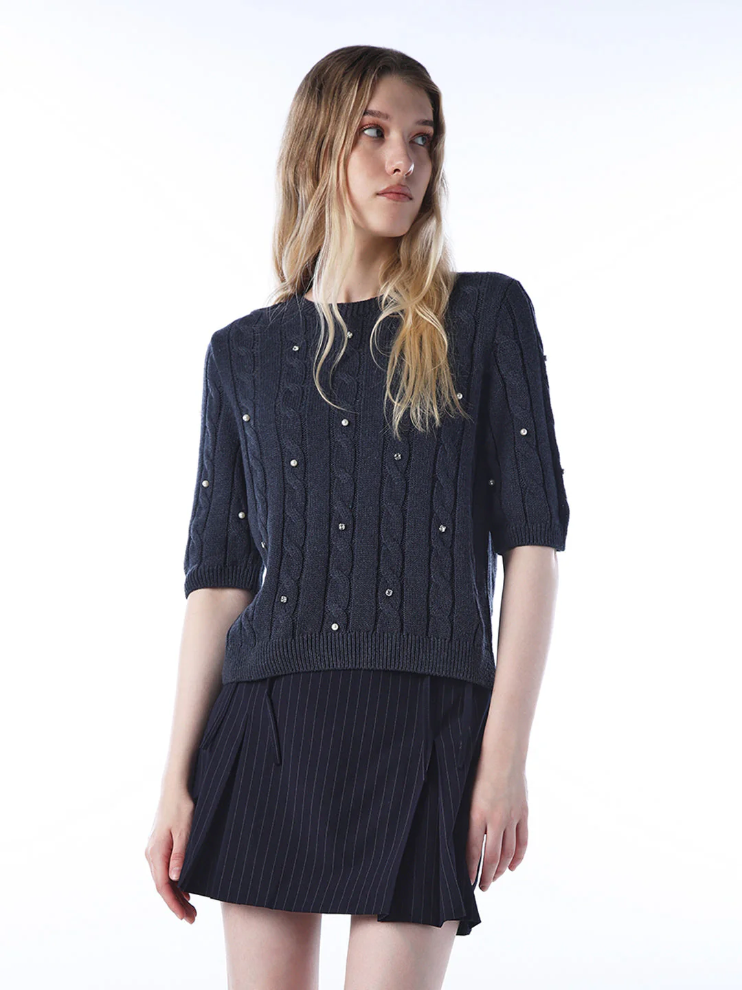 Rhinestone Cable Knit Pullover - Navy Blue - Image 3