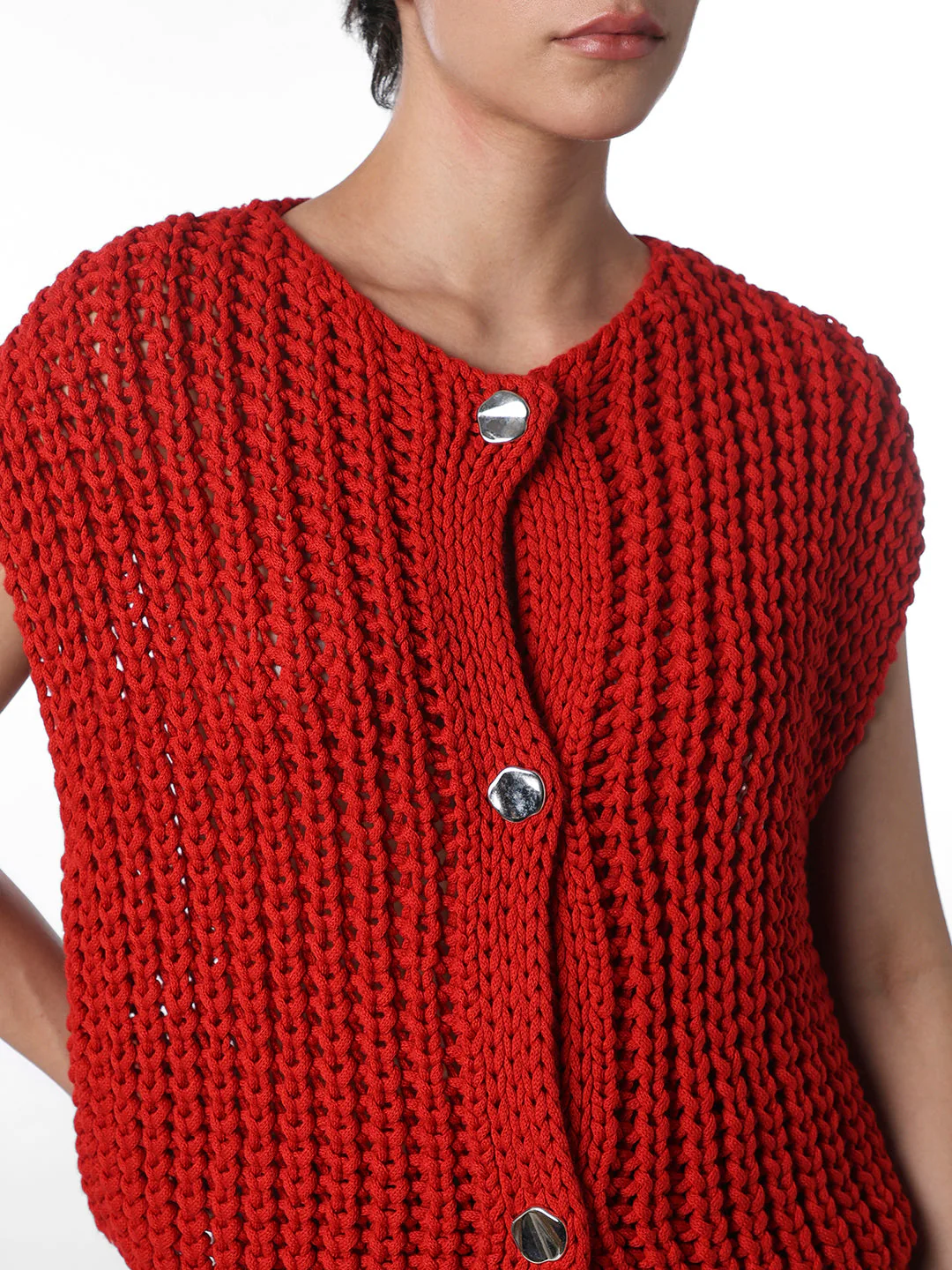 Red Ribbed Button Sweater Vest - Image 5