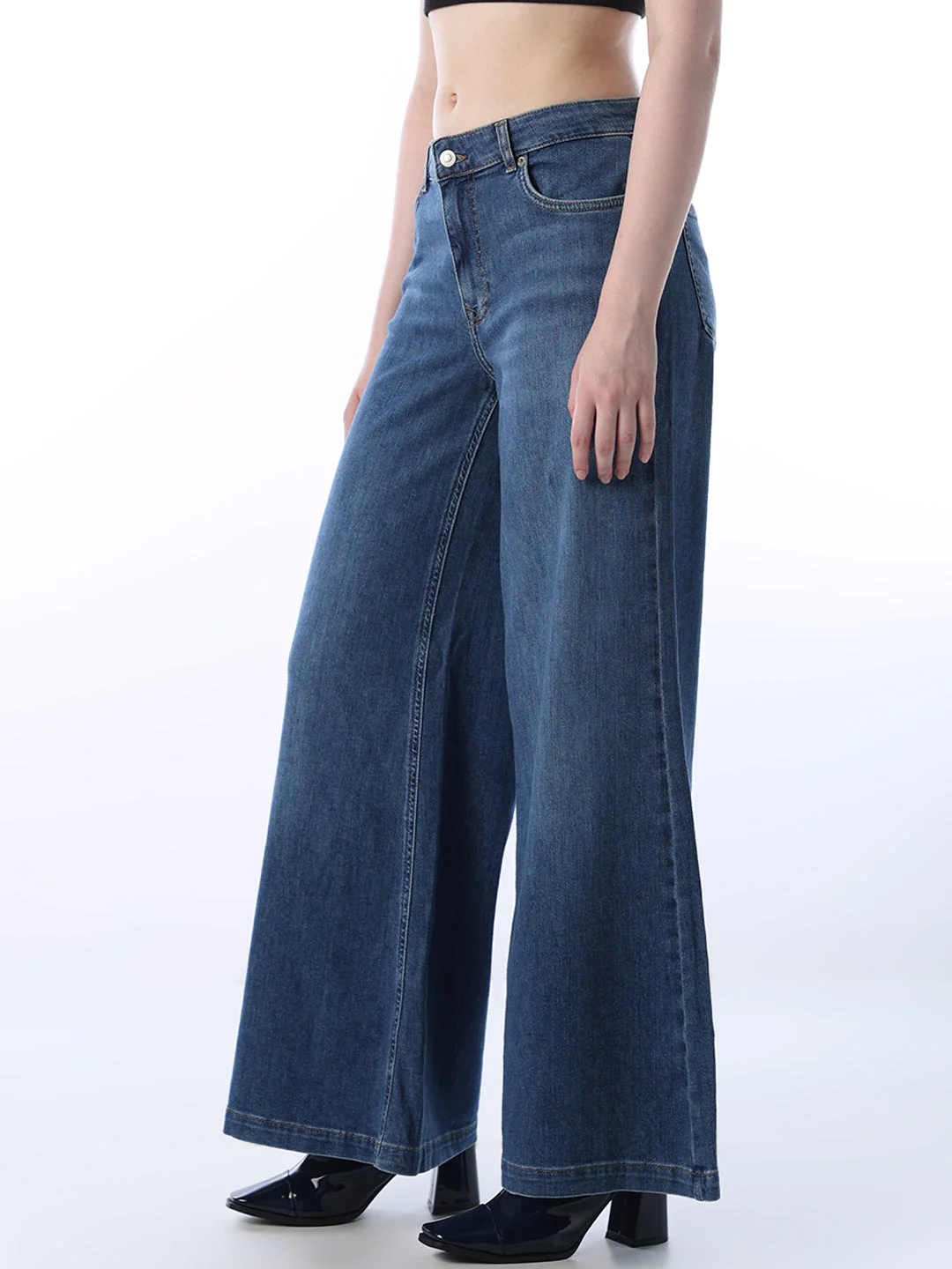Flared High Rise Jeans - Medium Blue - Image 4