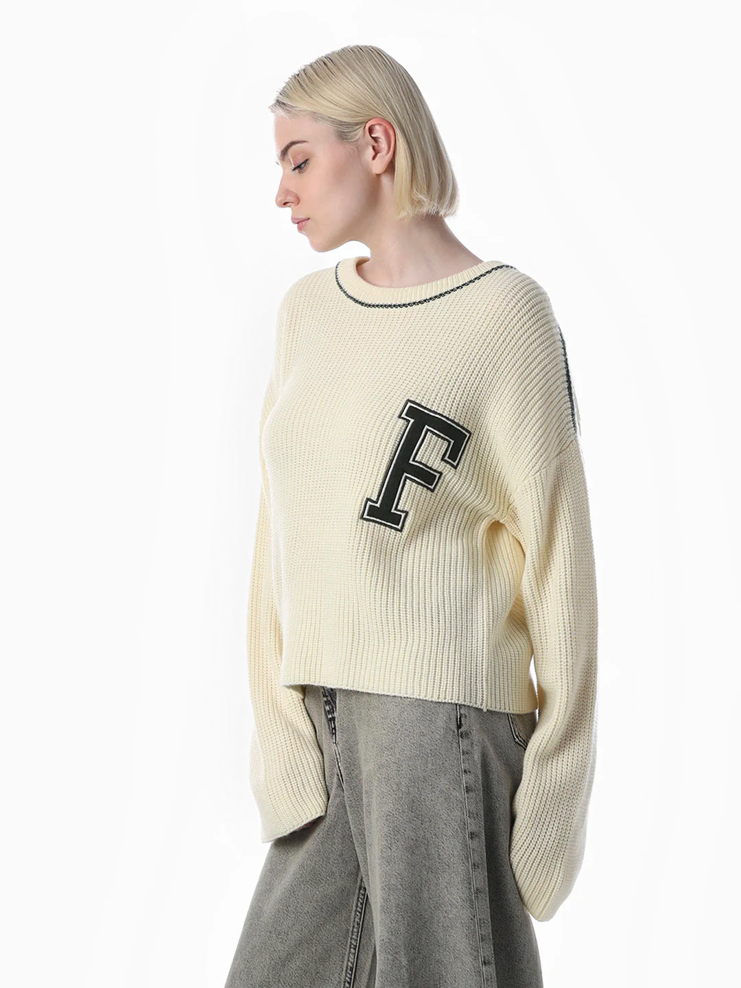 Cream Varsity Print Knitted Pullover - Image 5