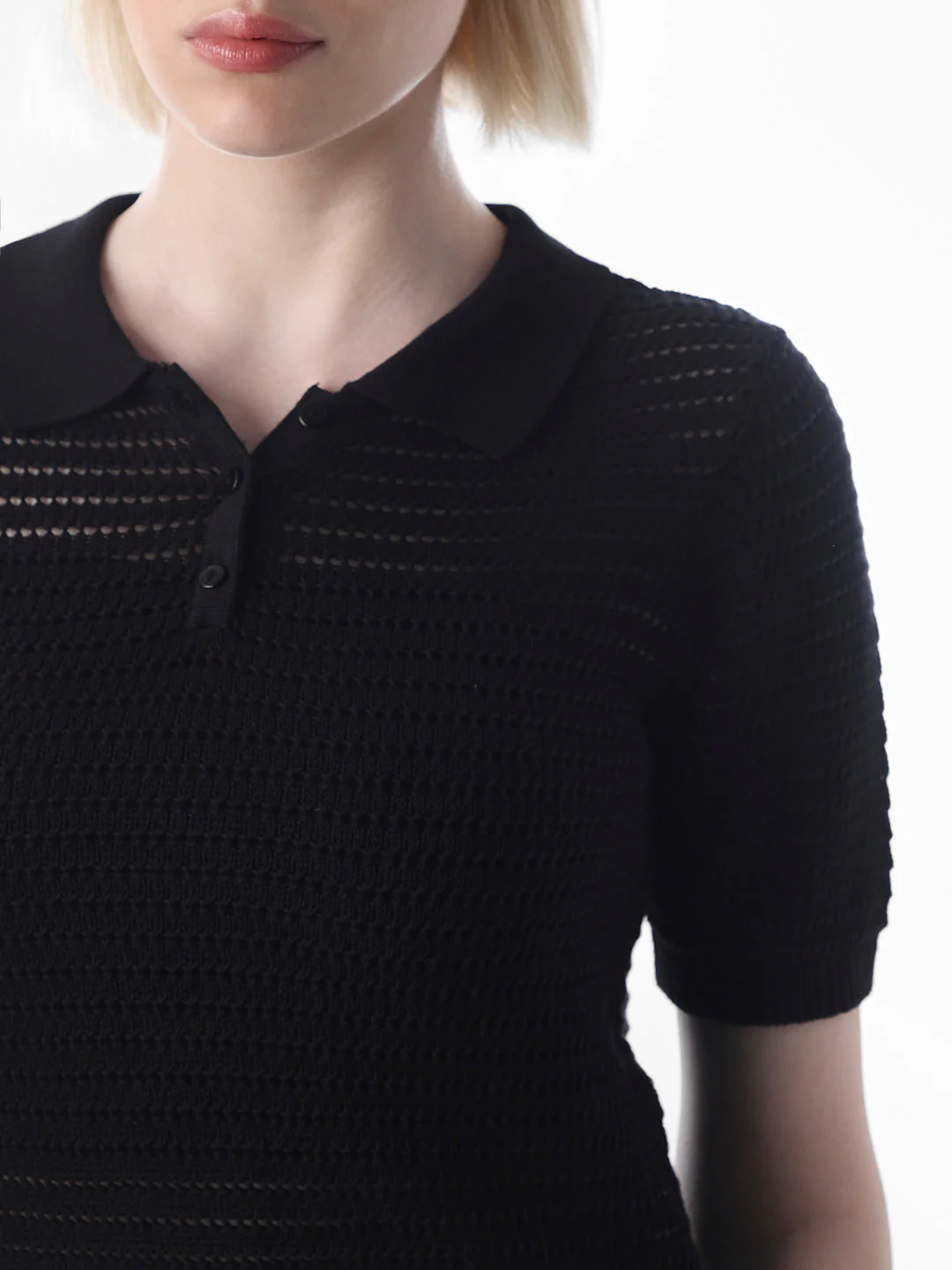 Black Textured Knitted Polo - Image 4