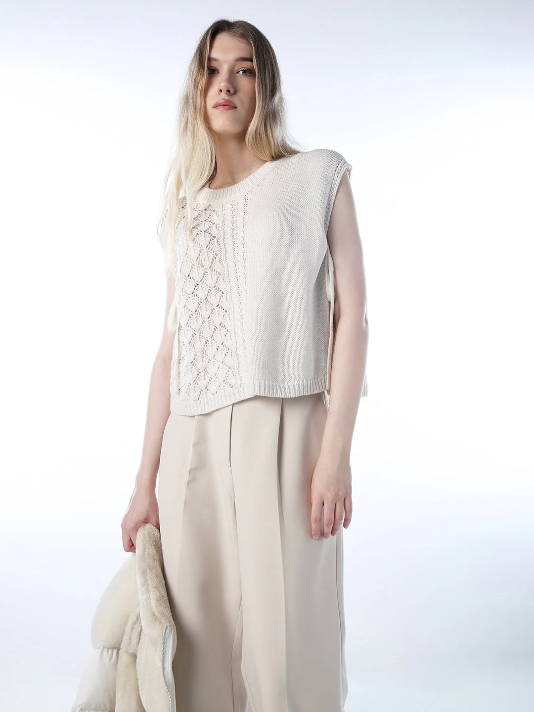 Tie-Detail Cable Knit Pullover