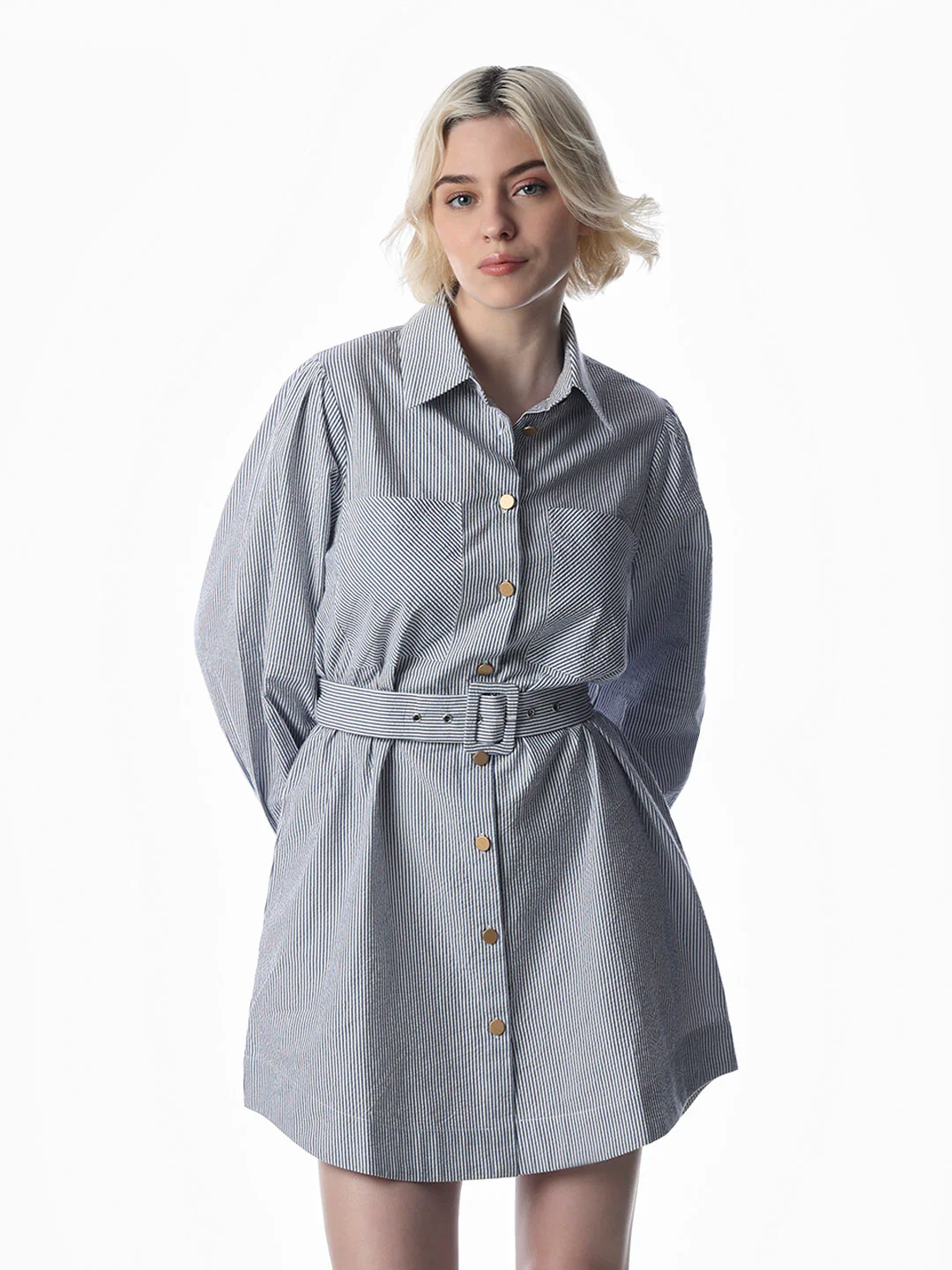 White Striped Belted Shirt Dress - Image 3