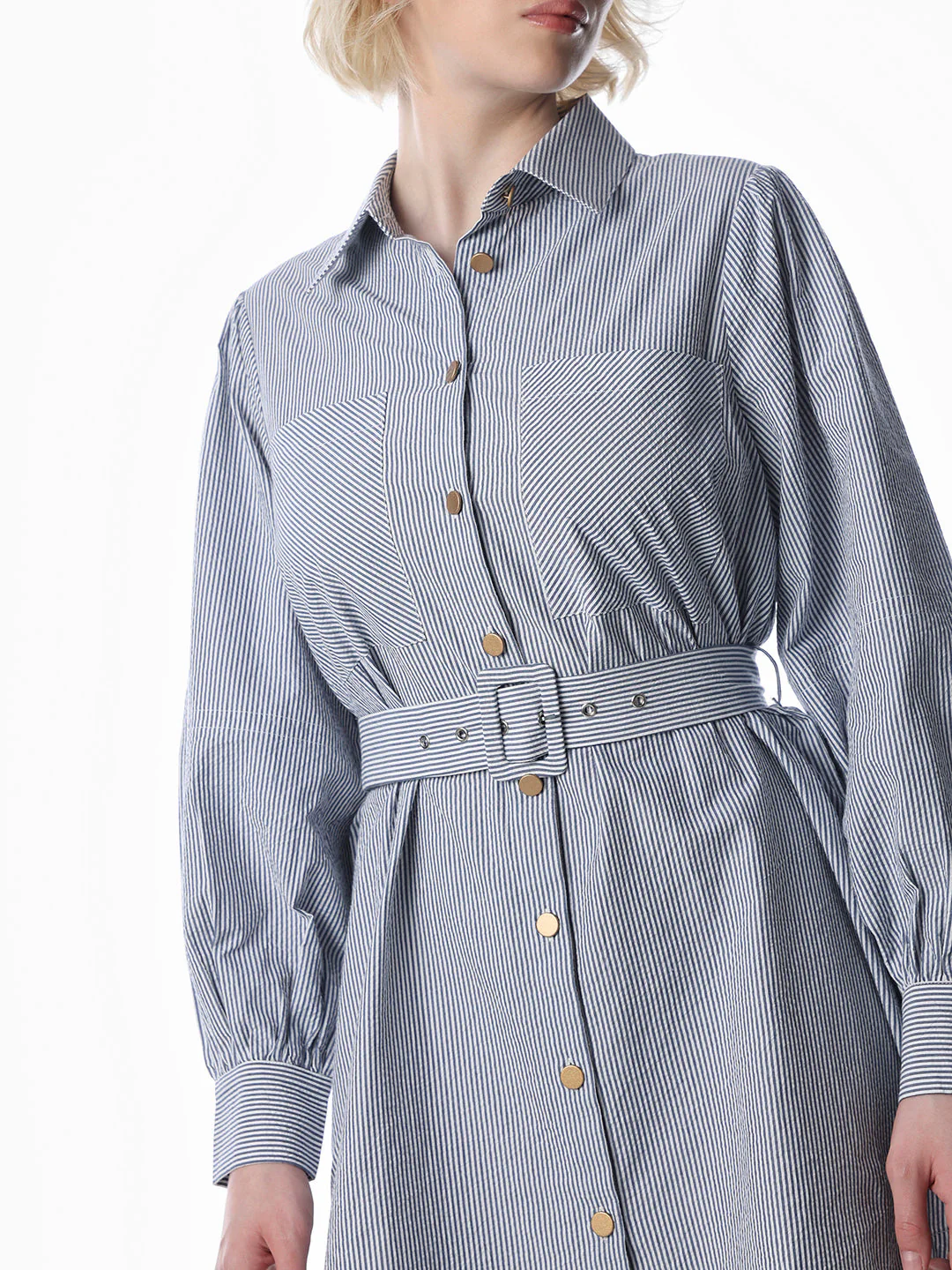 White Striped Belted Shirt Dress - Image 4