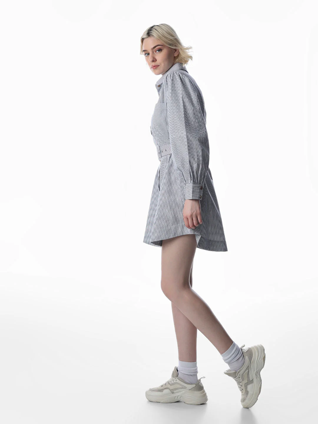 White Striped Belted Shirt Dress - Image 5