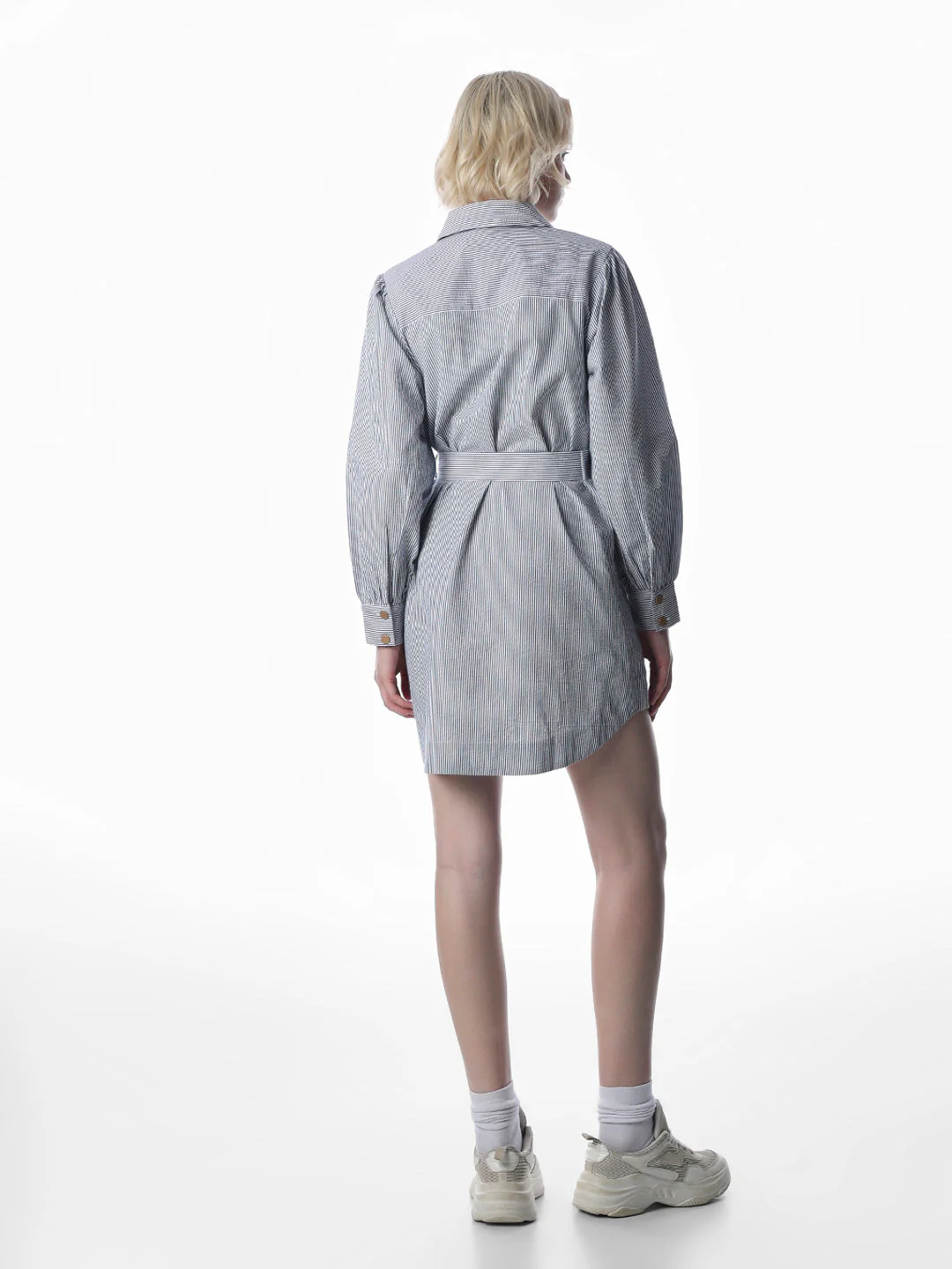 White Striped Belted Shirt Dress - Image 6