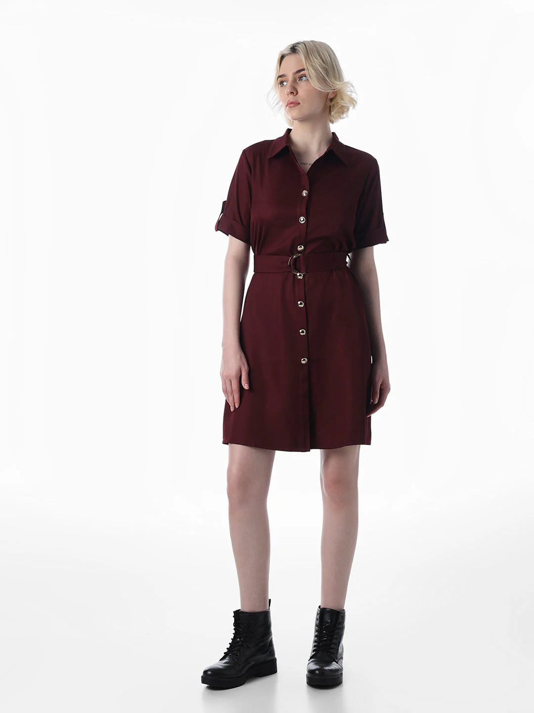 Maroon Belted Shirt Dress - Image 2