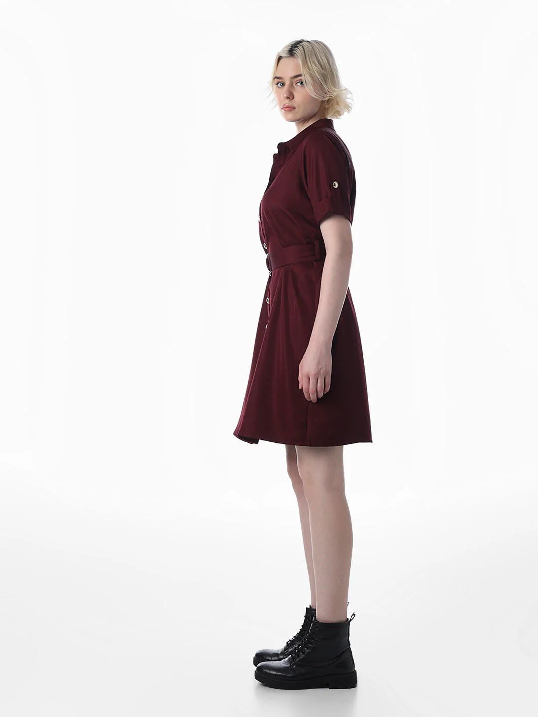 Maroon Belted Shirt Dress - Image 5