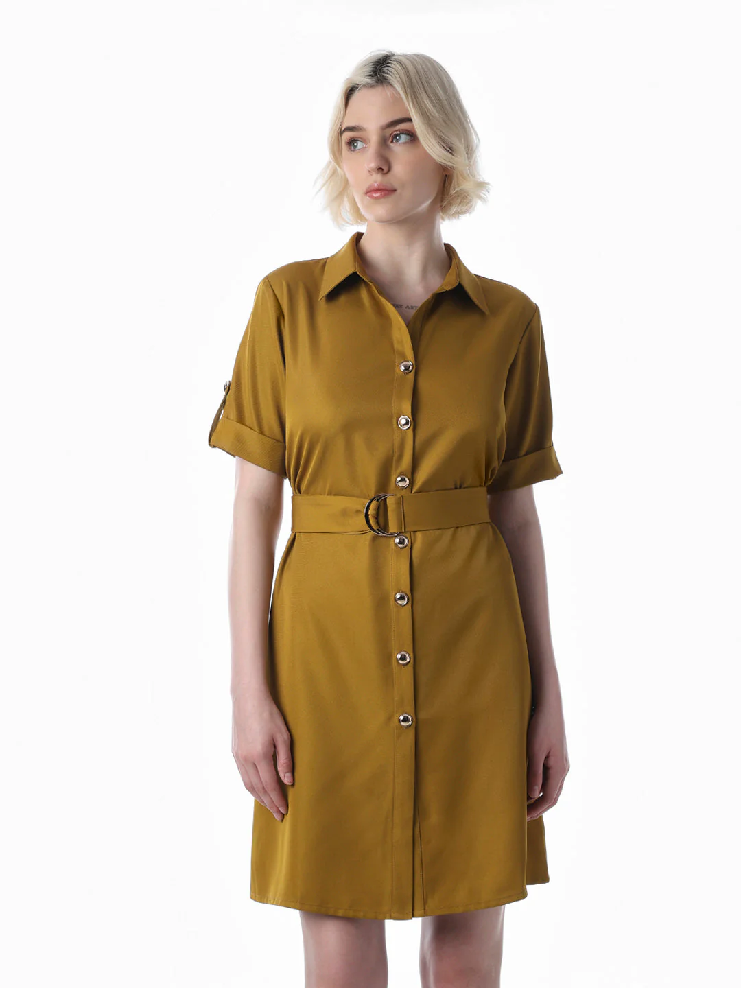 Mustard Belted Shirt Dress - Image 3