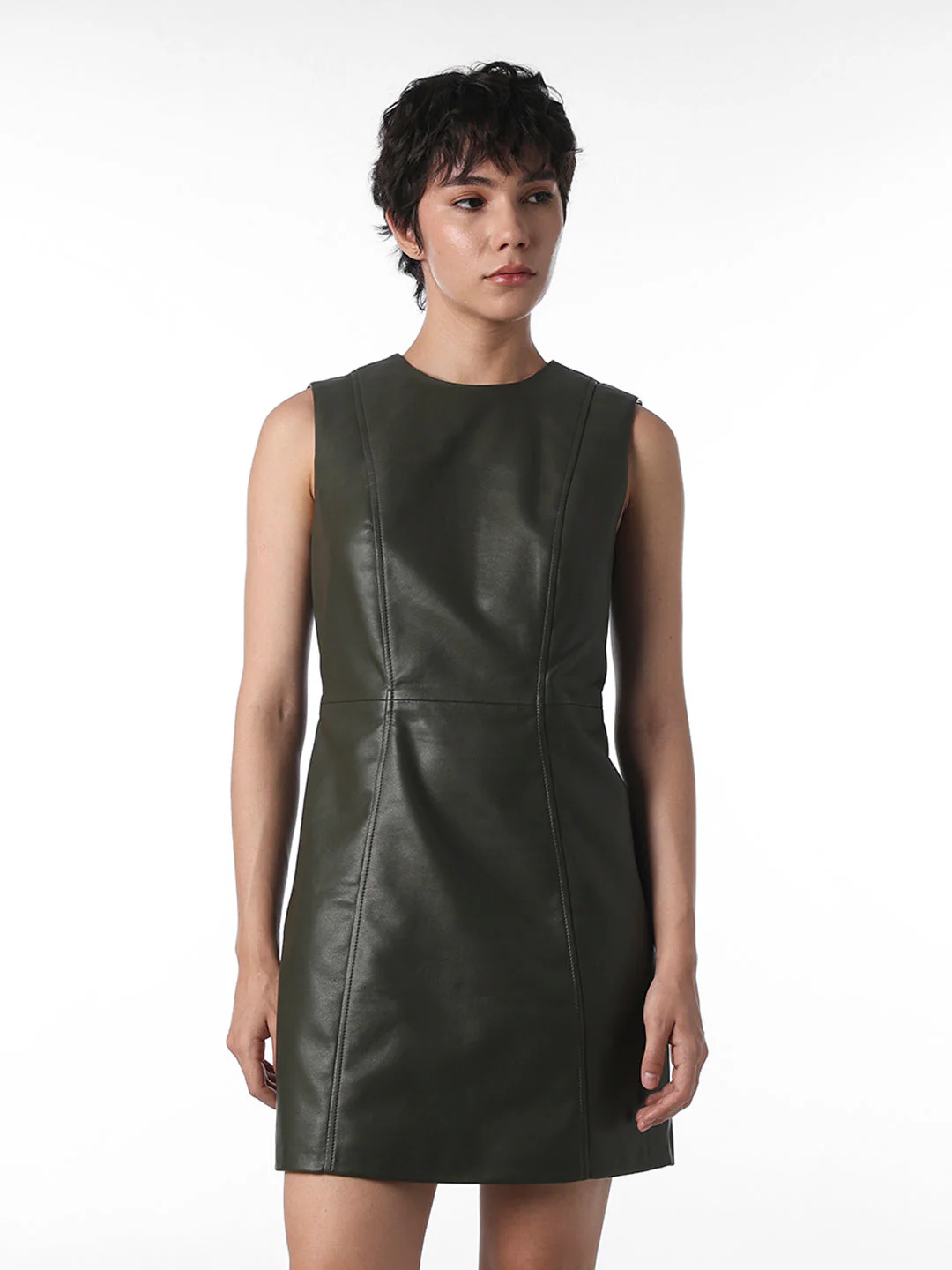 Olive Green Fitted Faux Leather Dress - Image 3
